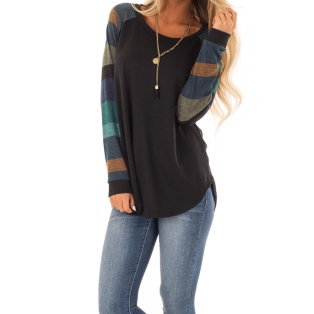 SZ S-M Black Top Long Multi Color Striped Sleeves - Picture 3 of 8